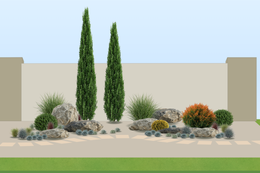 Mediterranean-inspired planting bed in spring