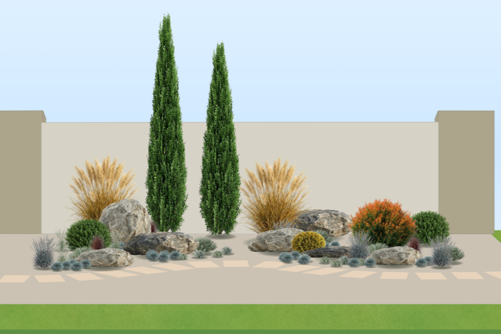 Mediterranean-inspired planting bed in autumn
