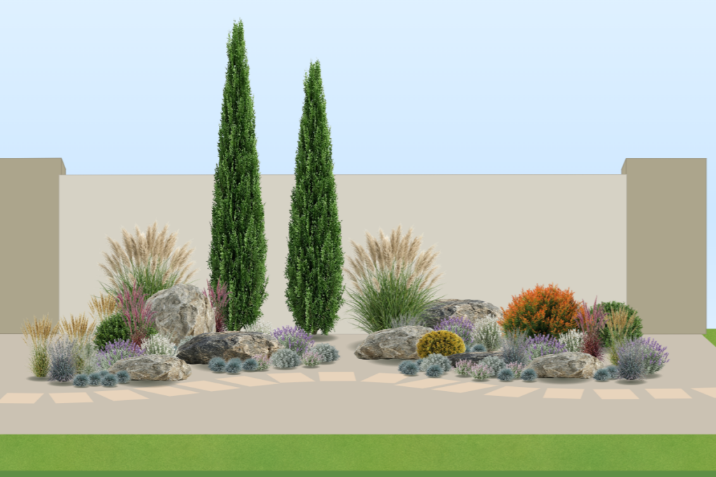 Mediterranean-inspired planting bed in summer